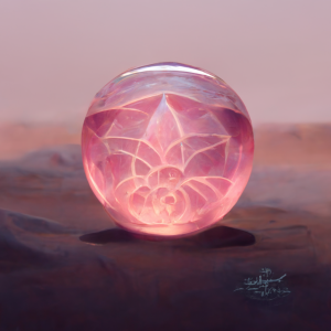 a glass sphere with a pink flower inside