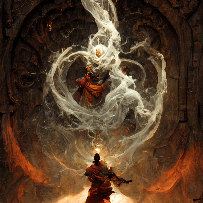 a monk hides within a swirling smoke