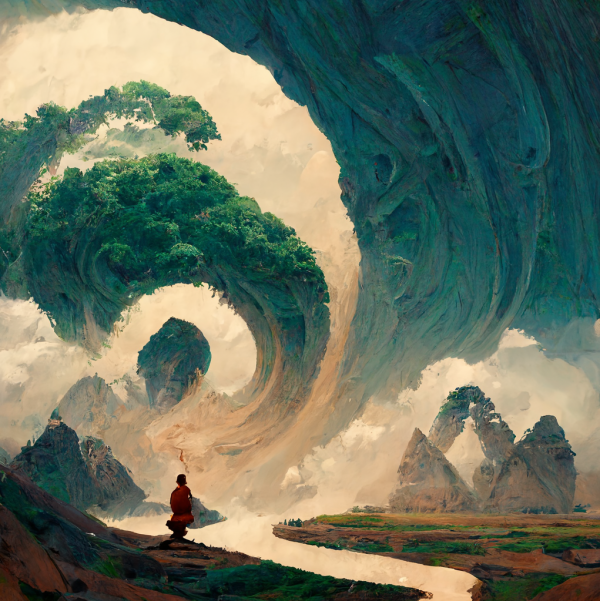 A traveler meditates on the horizon as the sky and the earth swirl together in a mesmerizing mixture