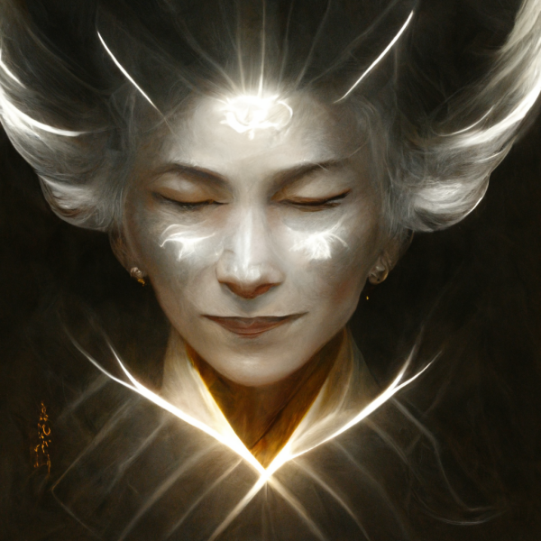 a dimplomat with silver skin, hair, and a glowing silver robe