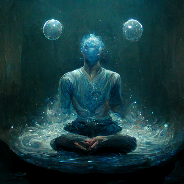 a meditating hydromancer levitates orbs of water around themself