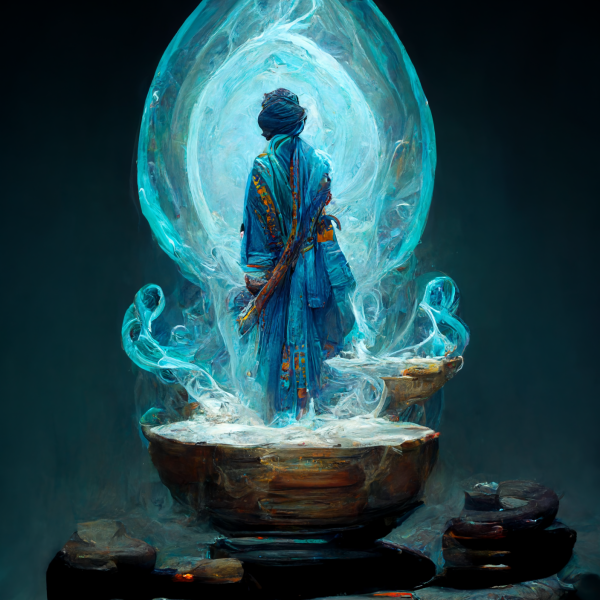 A dreamwalker stands in a basin of water surrounded by floating water and smoke