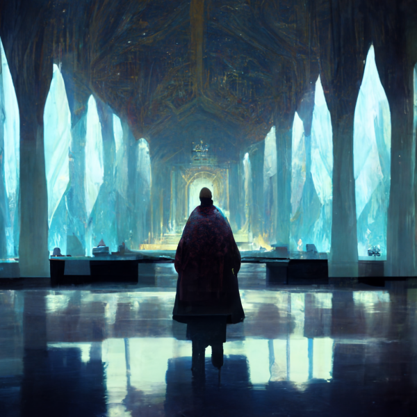 a silhouette stands in front of two columns of glowing blue gems