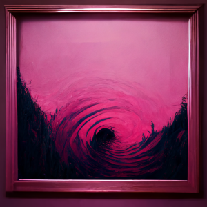 a painting of a magenta forest, with a ripple of water across the canvas