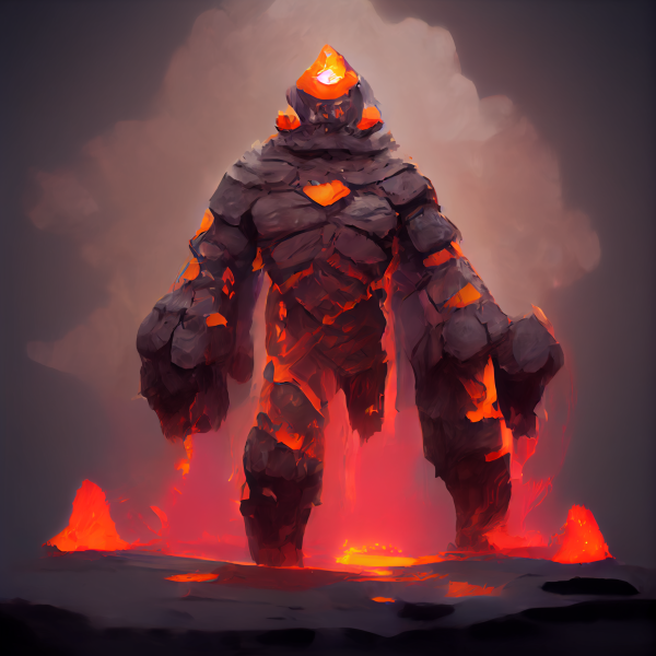 a colossal lava golem ruses out of a smoking lava field