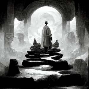 a monk meditates on top of a shrine, inside a great cavern