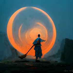 a monk sweeps a wide circle of orange light in the sky with a broom