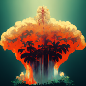 a stand of trees grows violently upward, surrounded by fire and smoke