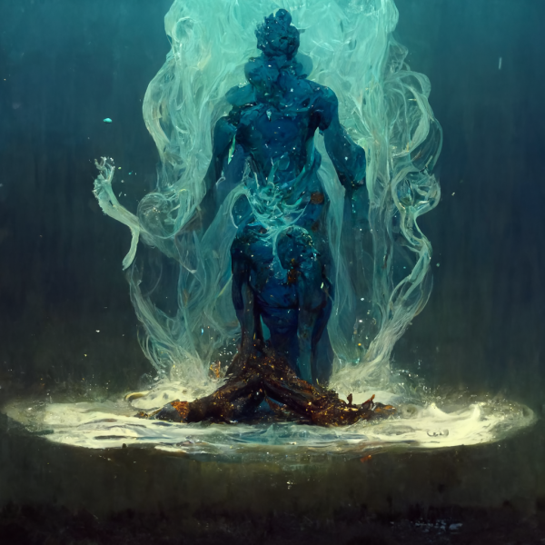 an underwater elemental surrounded by healing light and teal smoke
