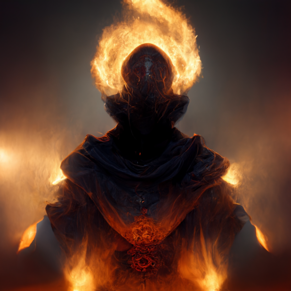a monk with a halo of fire and burning hands
