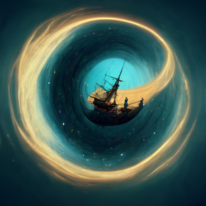 swirling, golden portal shows us a glimpse of a ship in a storm on the other end of the spatial bridge