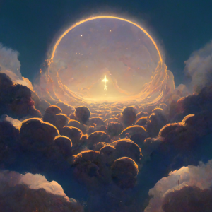 a small avatar of pure light floats above the clouds, enshrined in a massive golden halo